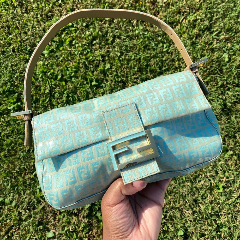 VINTAGE TEAL / GREEN VINYL FENDI MONOGRAM BAGUETTE BAG